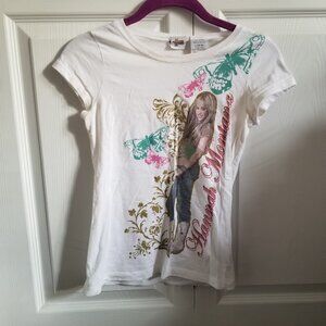 Hannah Montana Girl's T-Shirt Large 10-12 White Blue Gold Glitter Vintage Y2K